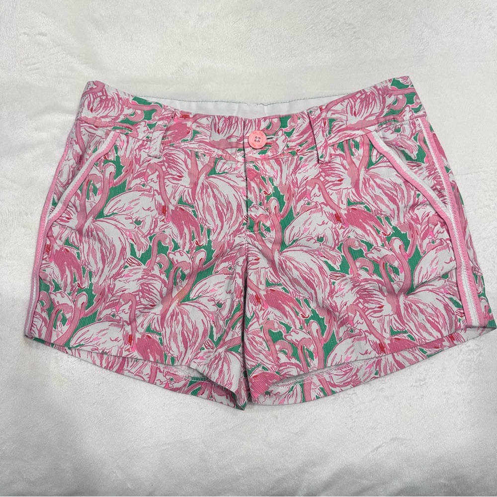 Lilly Pulitzer Pink and Green Bermuda Shorts Tropical Flamingo Print